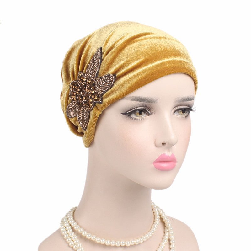 Beaded Flower Accessories Turban Hat Velvet Pleated Hood - Krosscanada