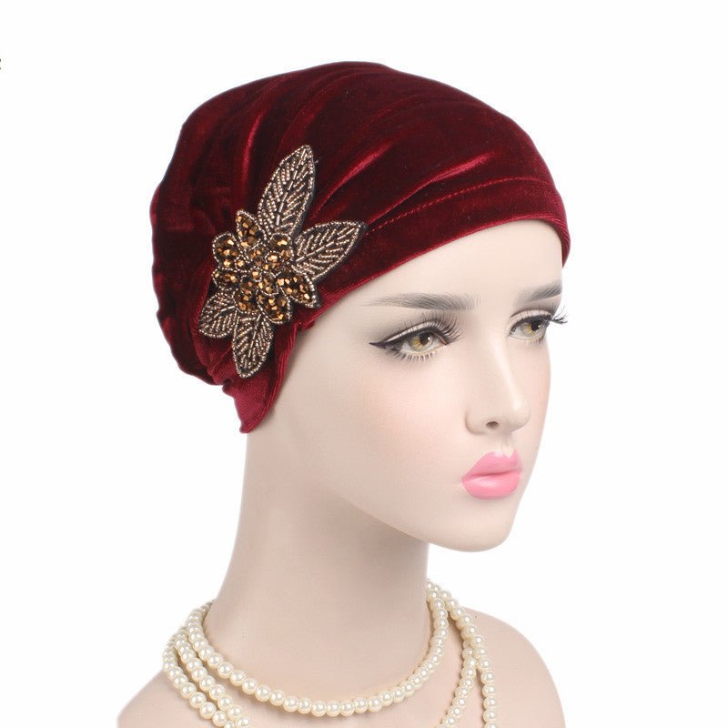 Beaded Flower Accessories Turban Hat Velvet Pleated Hood - Krosscanada