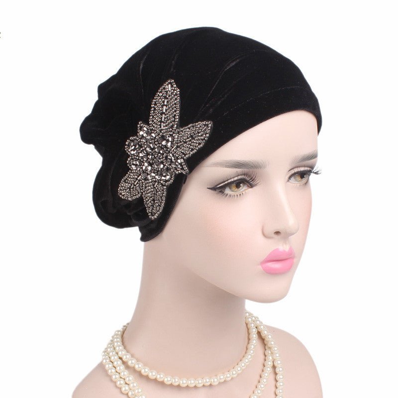 Beaded Flower Accessories Turban Hat Velvet Pleated Hood - Krosscanada