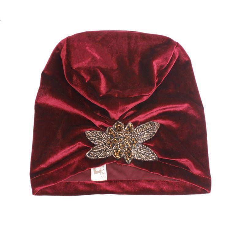 Beaded Flower Accessories Turban Hat Velvet Pleated Hood - Krosscanada