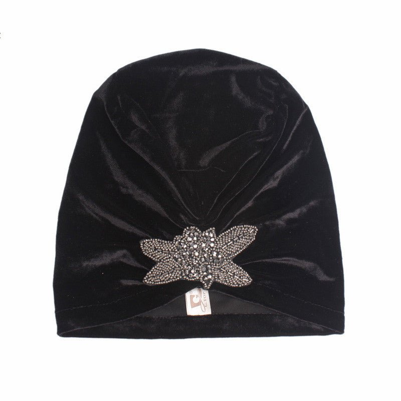 Beaded Flower Accessories Turban Hat Velvet Pleated Hood - Krosscanada