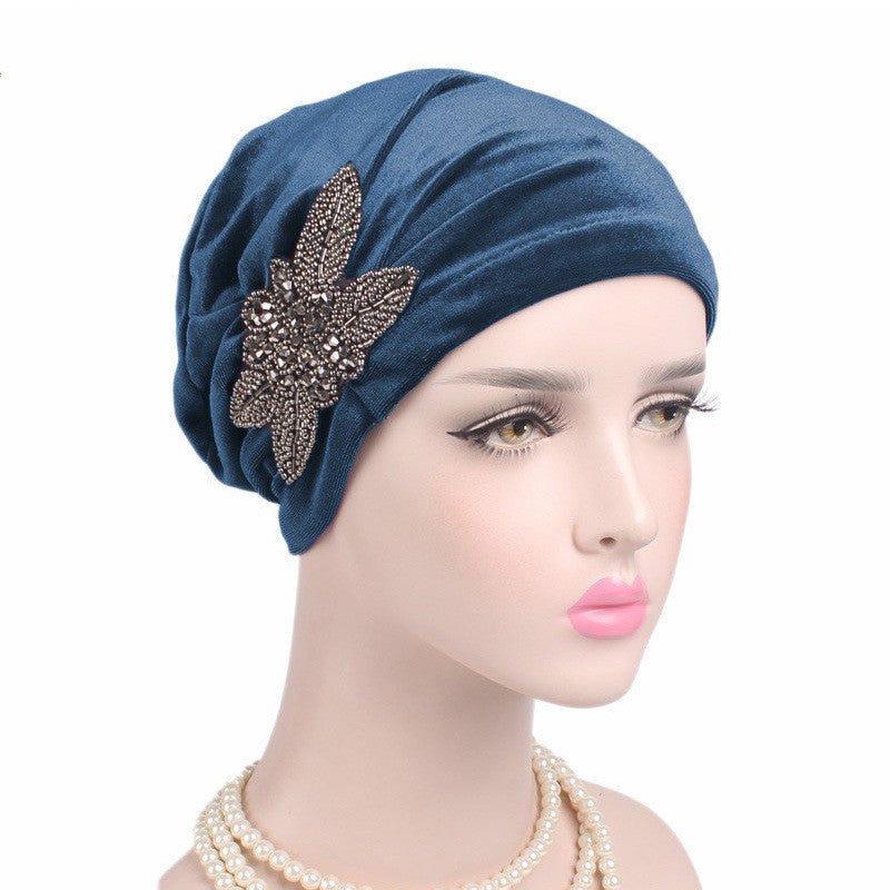 Beaded Flower Accessories Turban Hat Velvet Pleated Hood - Krosscanada