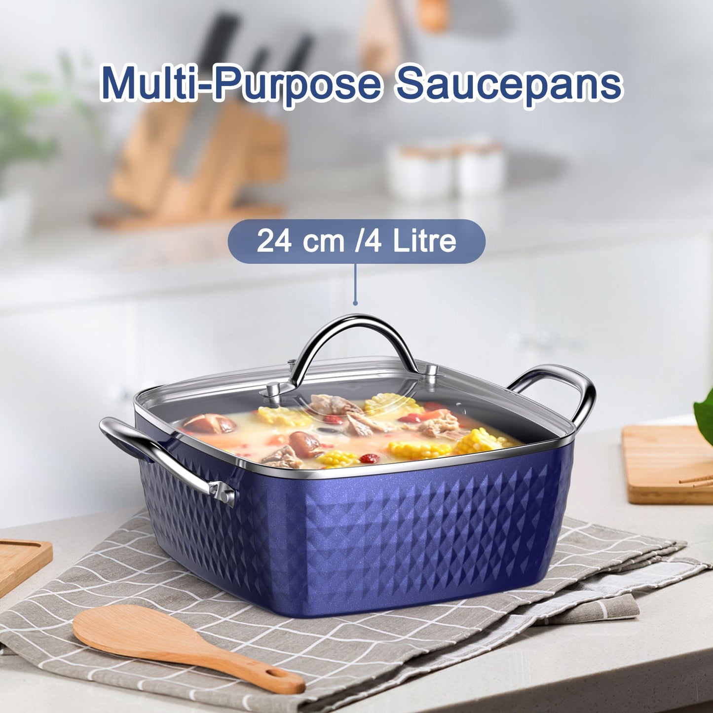 Casserole Dish, Square Induction Saucepan with Lid, 24cm/ 4L Stock Pots Non Stick Saucepan, Aluminum Ceramic Coating Cooking Pot - PFOA Free, Suitable for All Hobs Types Amazon Banned - Krosscanada