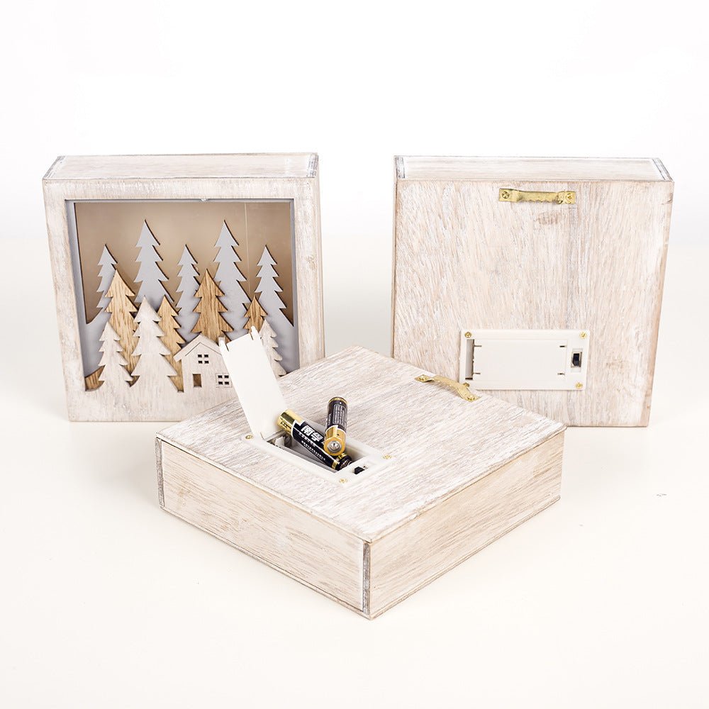 Christmas Decoration Ornaments Wooden Luminous Small Square Box - Krosscanada