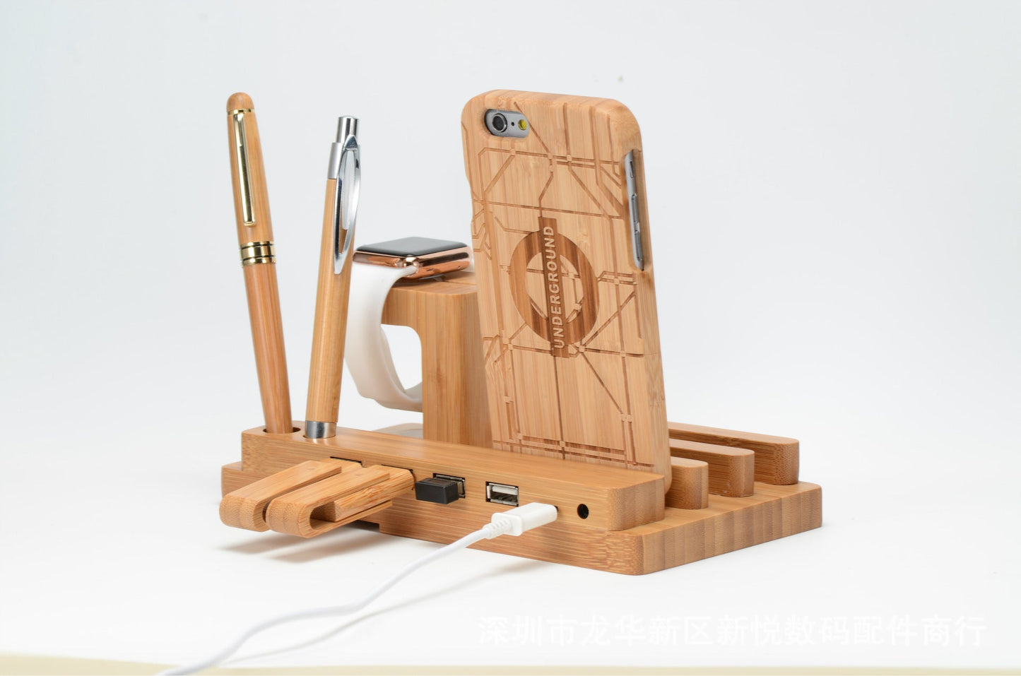 Compatible with Apple , Bamboo, wood andMobile applewatch bracket charging wooden bracket multi - function flat cell phone base - Krosscanada