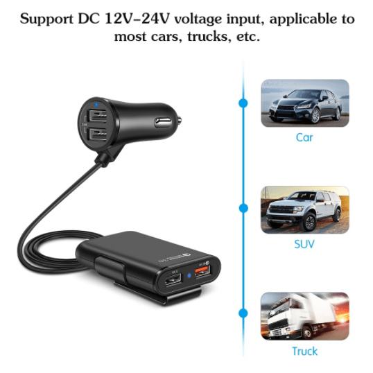 Compatible With Back Seat Car Charger QC3.0 2.4A3.1A 4 USB Car Charger With Cable A Clip - Krosscanada