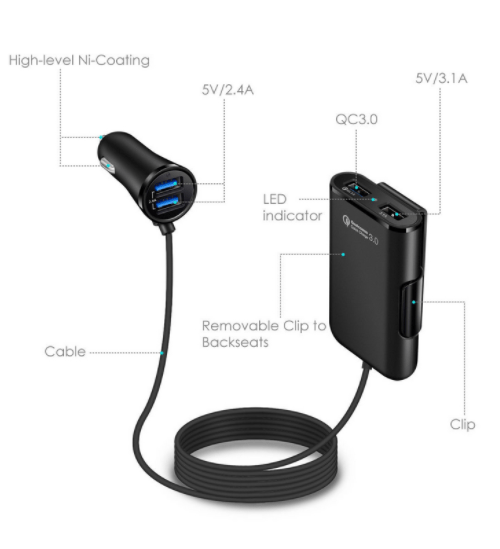 Compatible With Back Seat Car Charger QC3.0 2.4A3.1A 4 USB Car Charger With Cable A Clip - Krosscanada