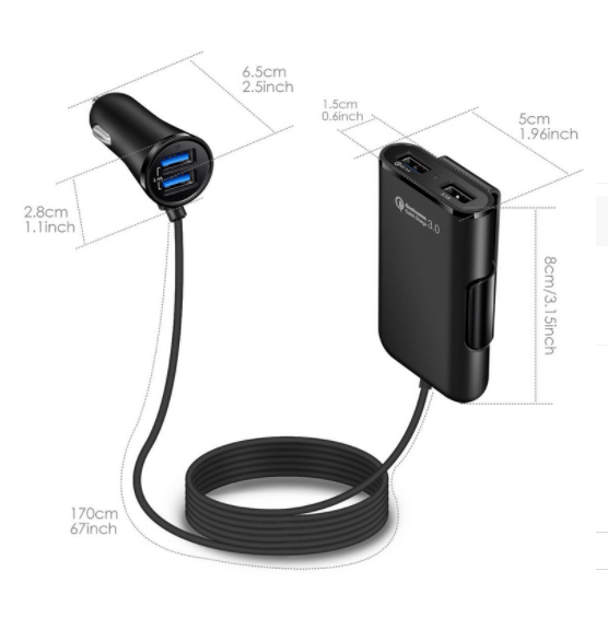 Compatible With Back Seat Car Charger QC3.0 2.4A3.1A 4 USB Car Charger With Cable A Clip - Krosscanada
