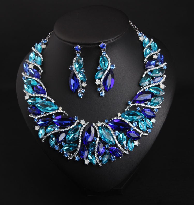 Europe and the United States luxury crystal jewelry short clavicle Necklace Earrings Set women's dress dinner, bridal jewelry wholesale - Krosscanada