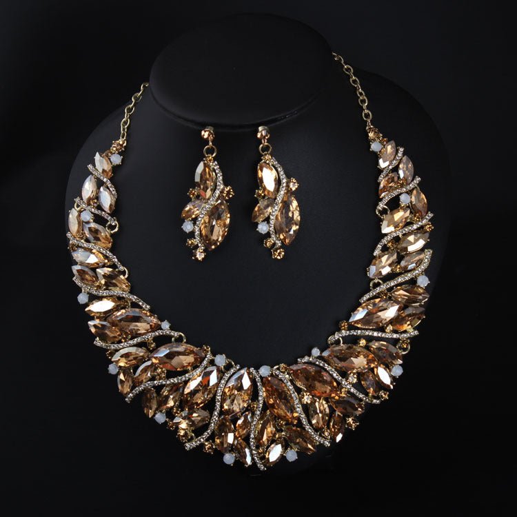 Europe and the United States luxury crystal jewelry short clavicle Necklace Earrings Set women's dress dinner, bridal jewelry wholesale - Krosscanada