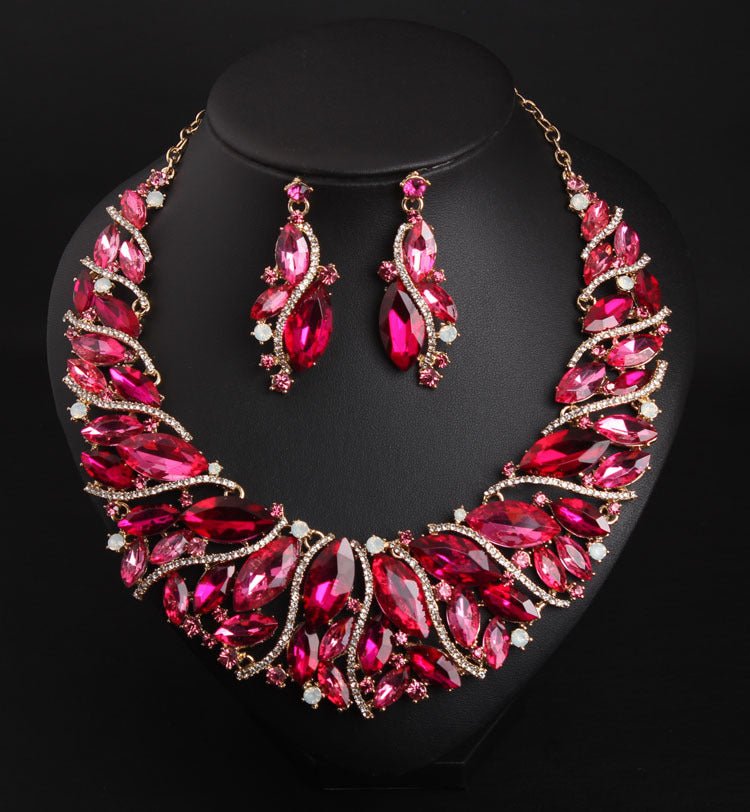 Europe and the United States luxury crystal jewelry short clavicle Necklace Earrings Set women's dress dinner, bridal jewelry wholesale - Krosscanada