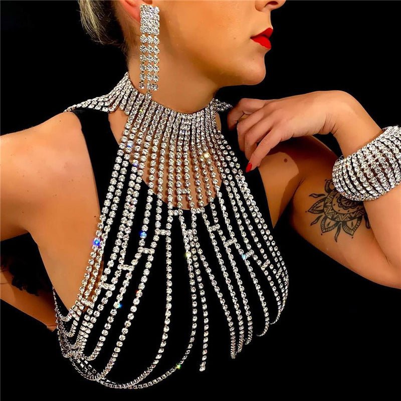 Fashion Exaggerated Long Tassel Rhinestone Chest Chain Accessories - Krosscanada