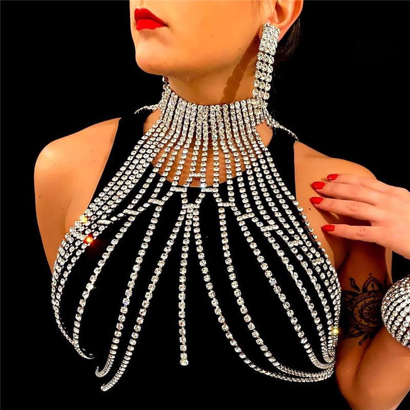 Fashion Exaggerated Long Tassel Rhinestone Chest Chain Accessories - Krosscanada