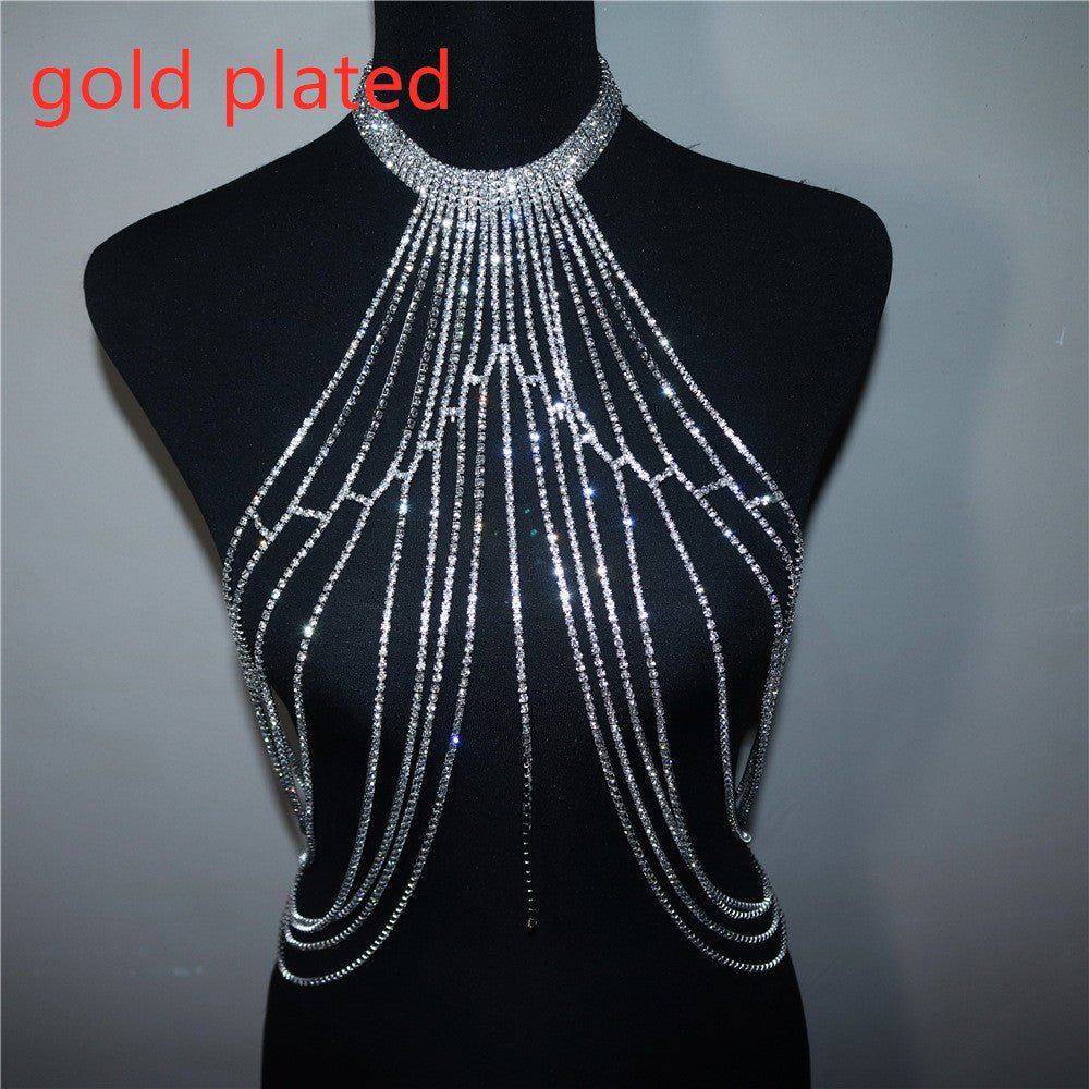 Fashion Exaggerated Long Tassel Rhinestone Chest Chain Accessories - Krosscanada