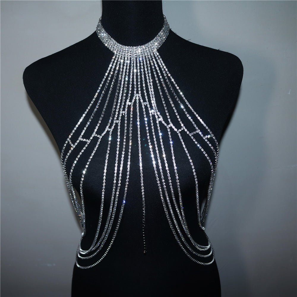 Fashion Exaggerated Long Tassel Rhinestone Chest Chain Accessories - Krosscanada