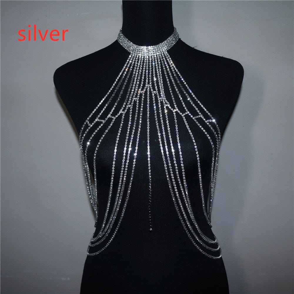 Fashion Exaggerated Long Tassel Rhinestone Chest Chain Accessories - Krosscanada