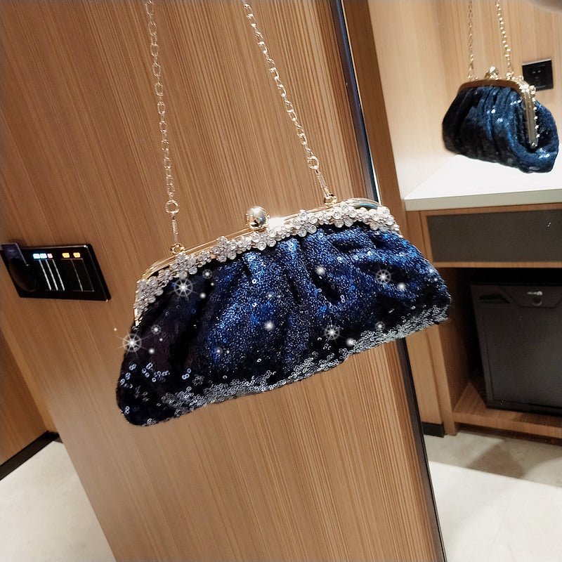 Female Blue Banquet Bag Chain Beads Handbag - Krosscanada
