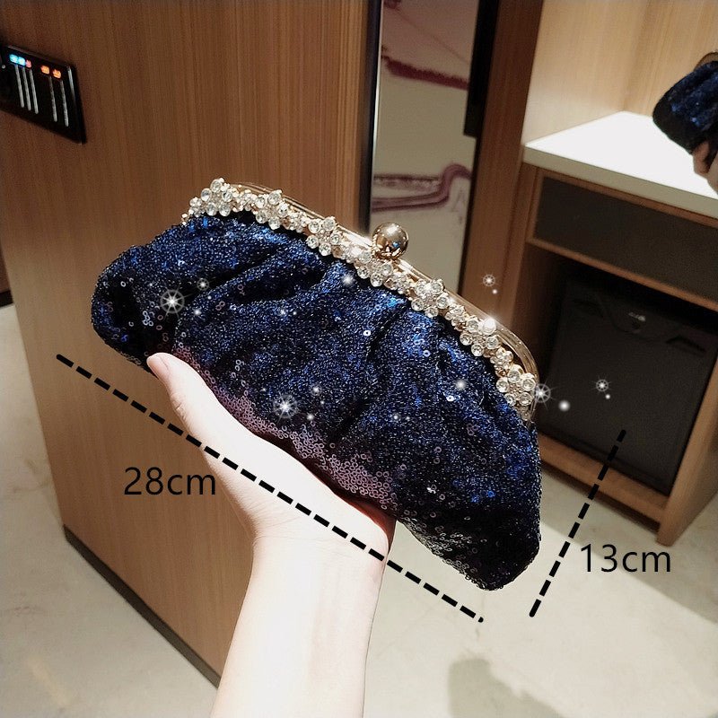 Female Blue Banquet Bag Chain Beads Handbag - Krosscanada