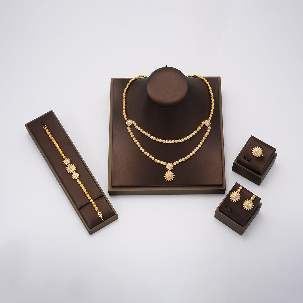 Flower Shape Jewelry Set Bridal Necklace Bracelet Ring And Earrings Jewelry Set Copper Jewelry Set - Krosscanada