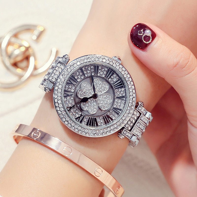 Four - leaf clover watch female student steel belt to run women's watch full diamond waterproof fashion Korean fashion fashion watch - Krosscanada