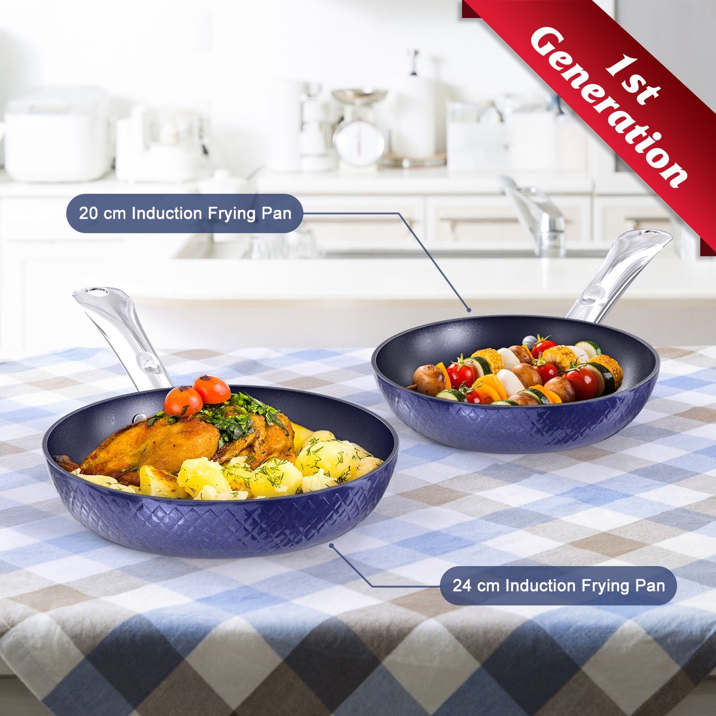 Frying Pan Sets Non Stick 3Pieces Blue 3D Diamond Cookware - Krosscanada