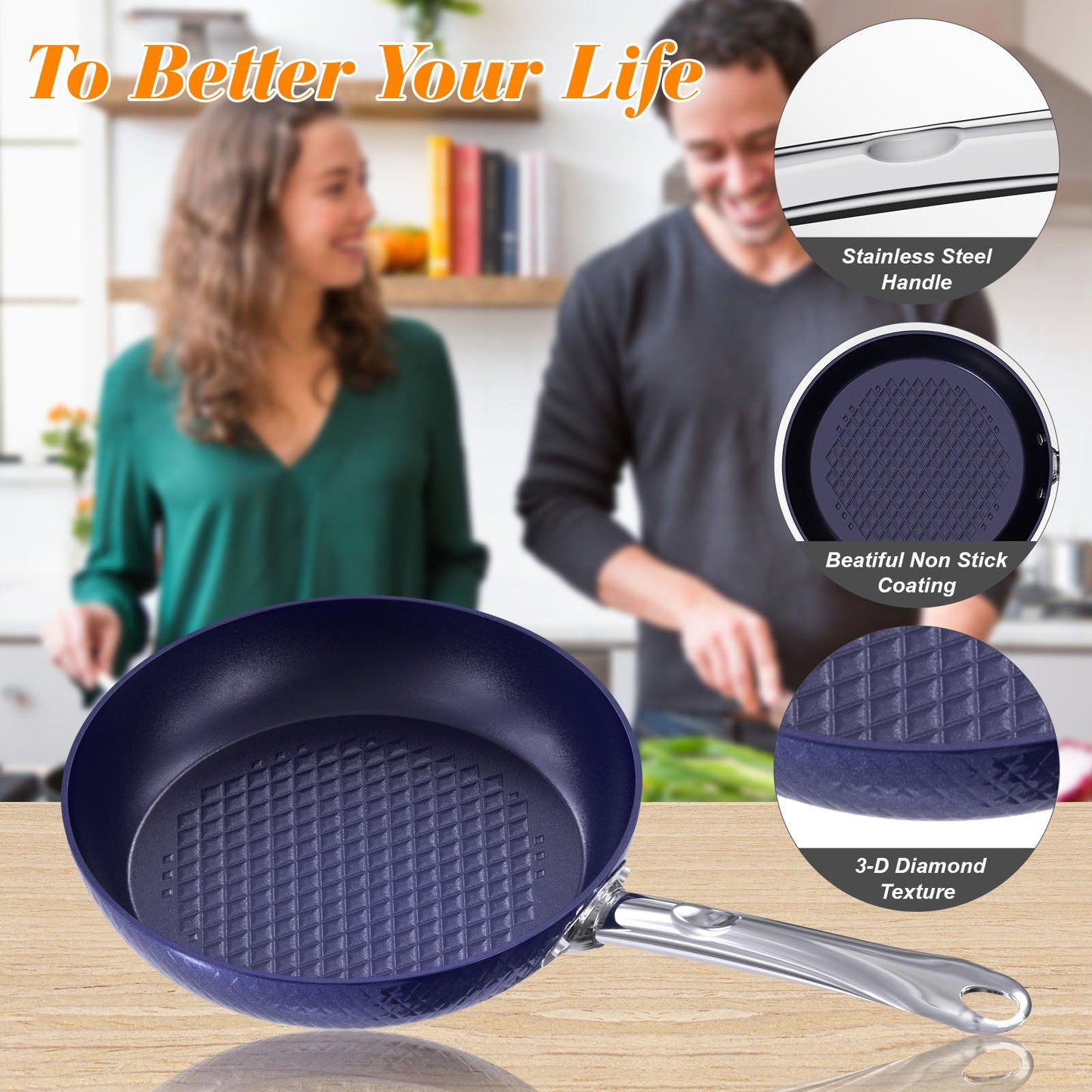 Frying Pan Sets Non Stick 3Pieces Blue 3D Diamond Cookware - Krosscanada