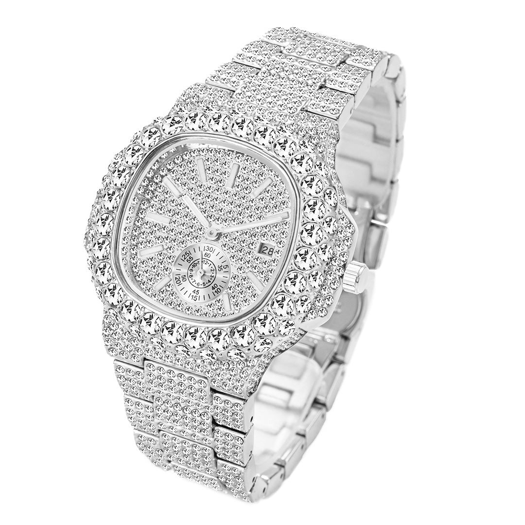 Full Diamond Hip Hop Calendar Luminous Quartz Waterproof Business Men's Gold Watch - Krosscanada