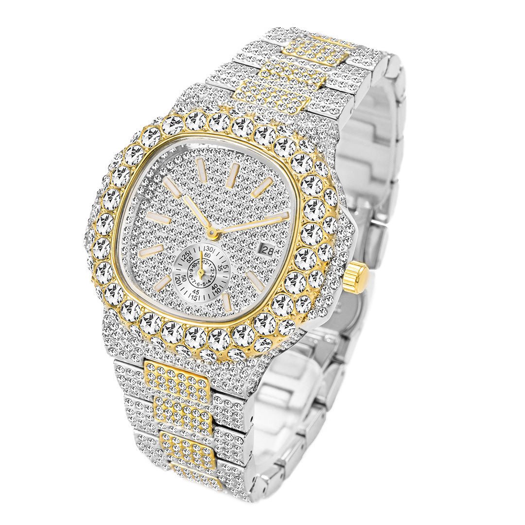 Full Diamond Hip Hop Calendar Luminous Quartz Waterproof Business Men's Gold Watch - Krosscanada