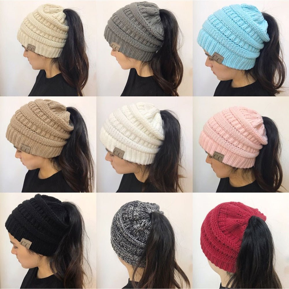 High Bun Ponytail Beanie Hat Chunky Soft Stretch Cable Knit Warm Fuzzy Lined Skull Beanie Acrylic Hats Men And Women - Krosscanada