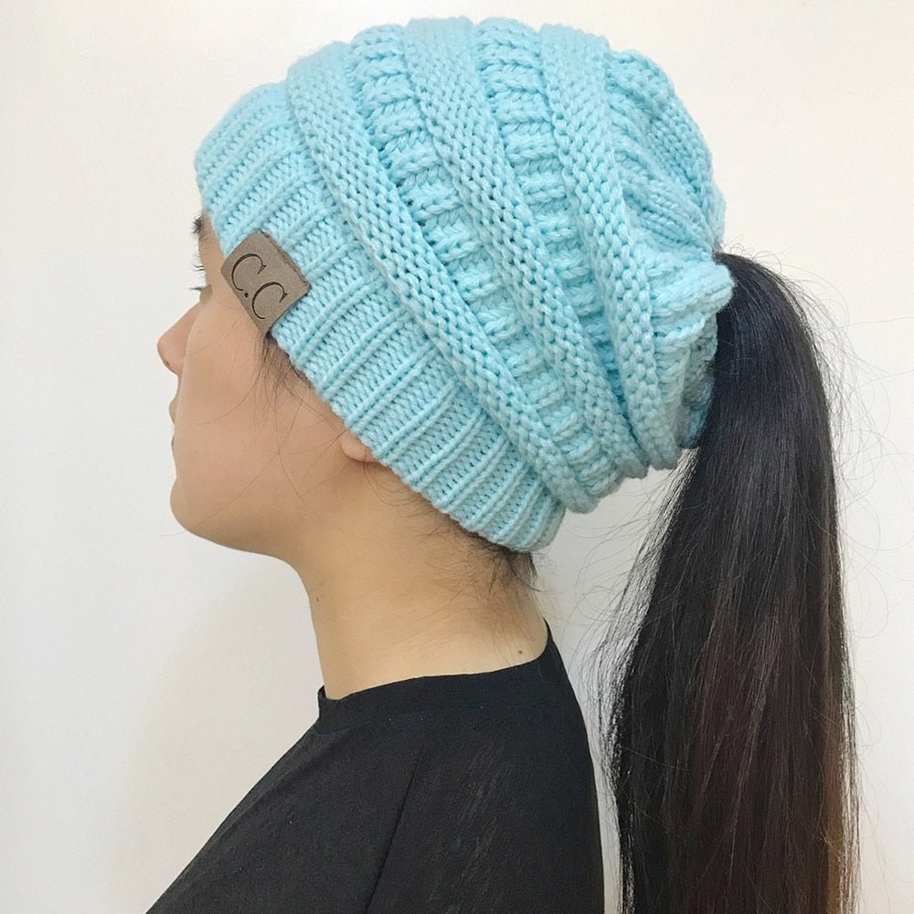 High Bun Ponytail Beanie Hat Chunky Soft Stretch Cable Knit Warm Fuzzy Lined Skull Beanie Acrylic Hats Men And Women - Krosscanada