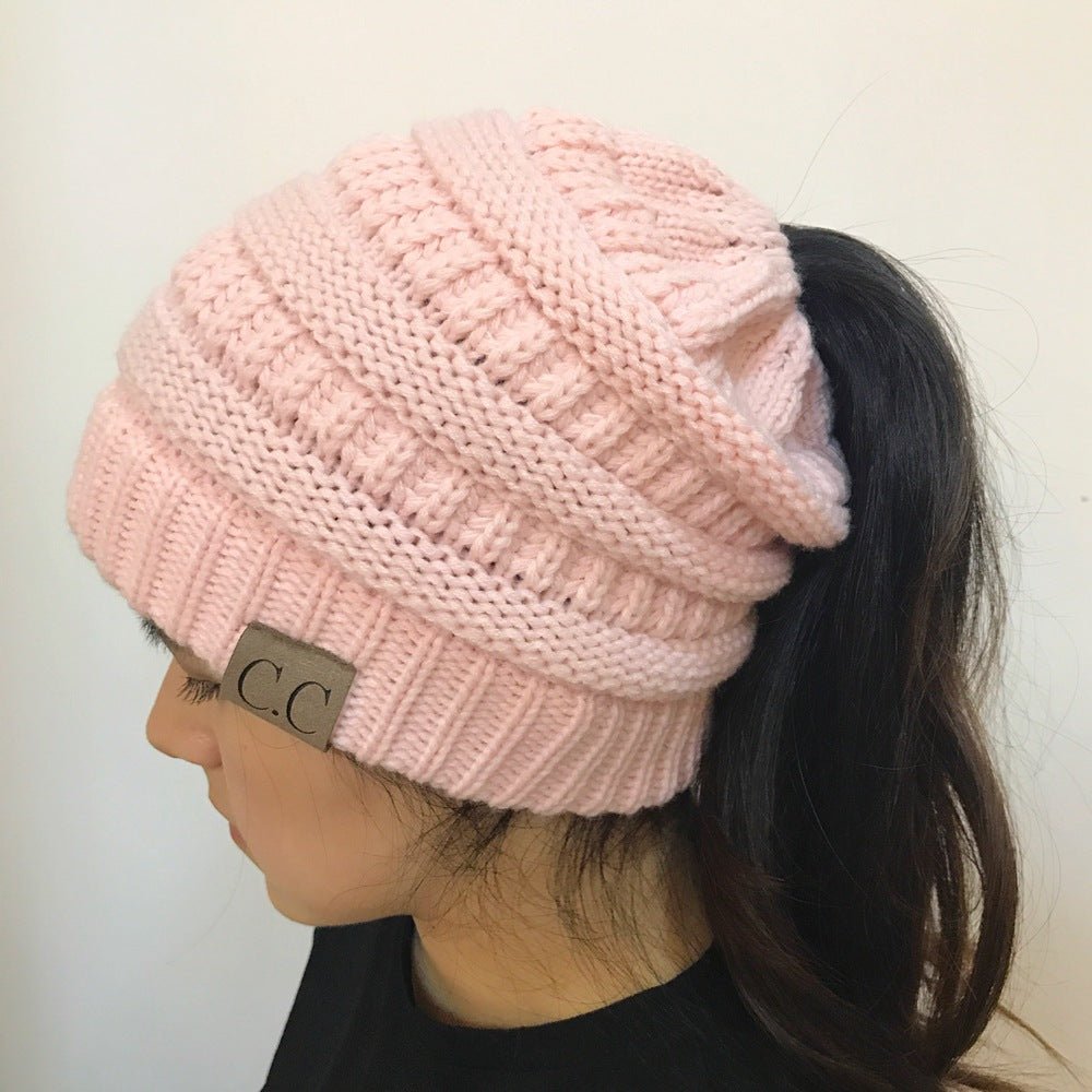 High Bun Ponytail Beanie Hat Chunky Soft Stretch Cable Knit Warm Fuzzy Lined Skull Beanie Acrylic Hats Men And Women - Krosscanada