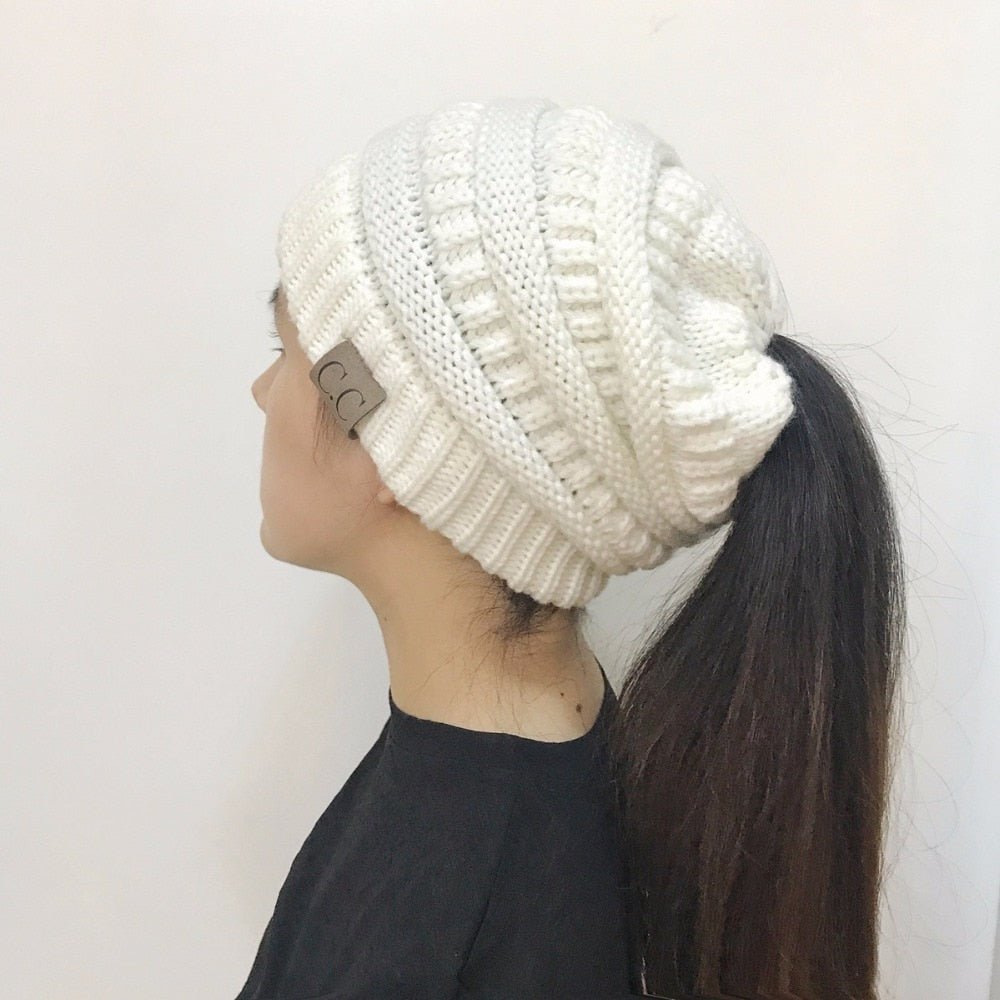 High Bun Ponytail Beanie Hat Chunky Soft Stretch Cable Knit Warm Fuzzy Lined Skull Beanie Acrylic Hats Men And Women - Krosscanada