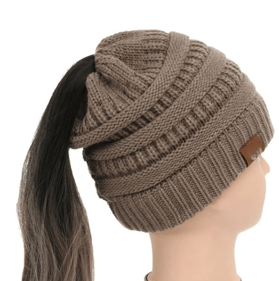 High Bun Ponytail Beanie Hat Chunky Soft Stretch Cable Knit Warm Fuzzy Lined Skull Beanie Acrylic Hats Men And Women - Krosscanada
