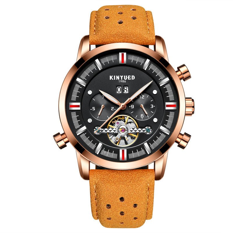 KINYUED Swiss brand men's leather strap, large dial Tourbillon automatic mechanical watch - Krosscanada
