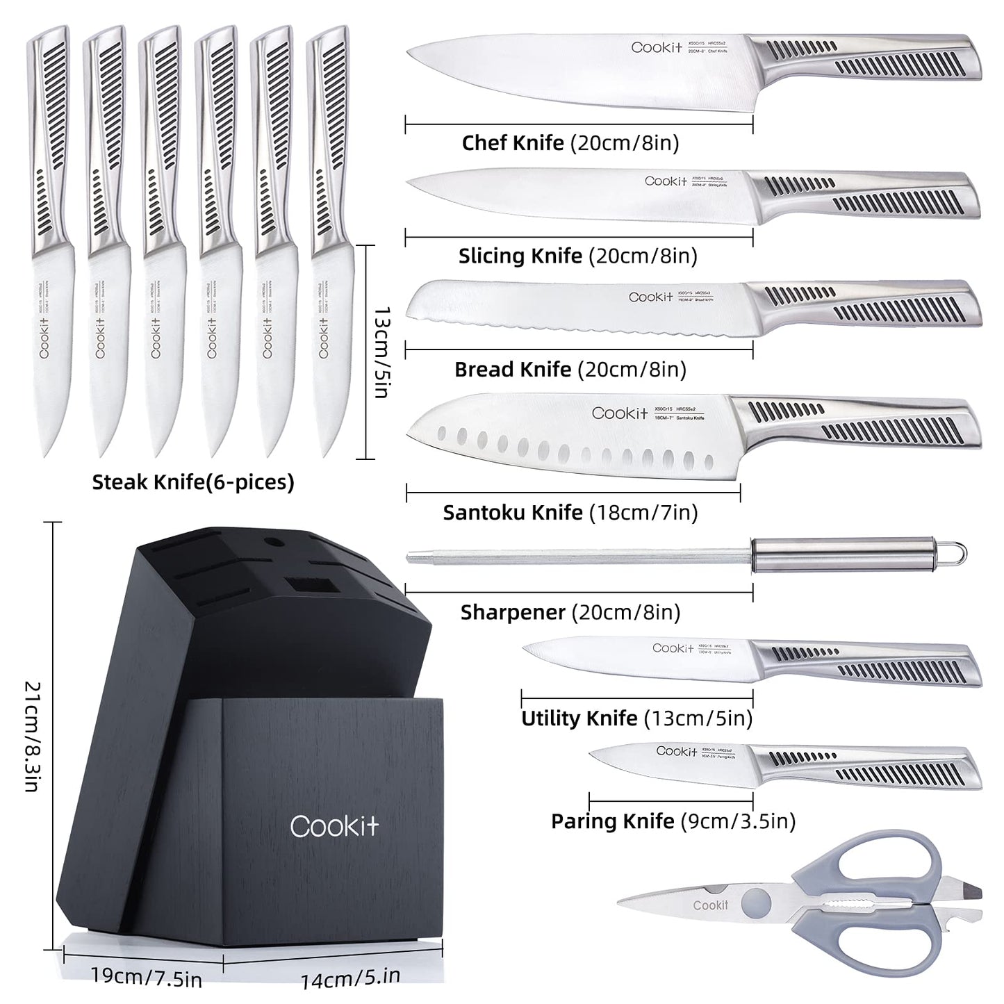 Kitchen Knife Set, 15 Piece Knife Sets with Block, Chef Knives with Non - Slip German Stainless Steel Hollow Handle Cutlery Set with Multifunctional Scissors Knife Sharpener Amazon Platform Banned - Krosscanada