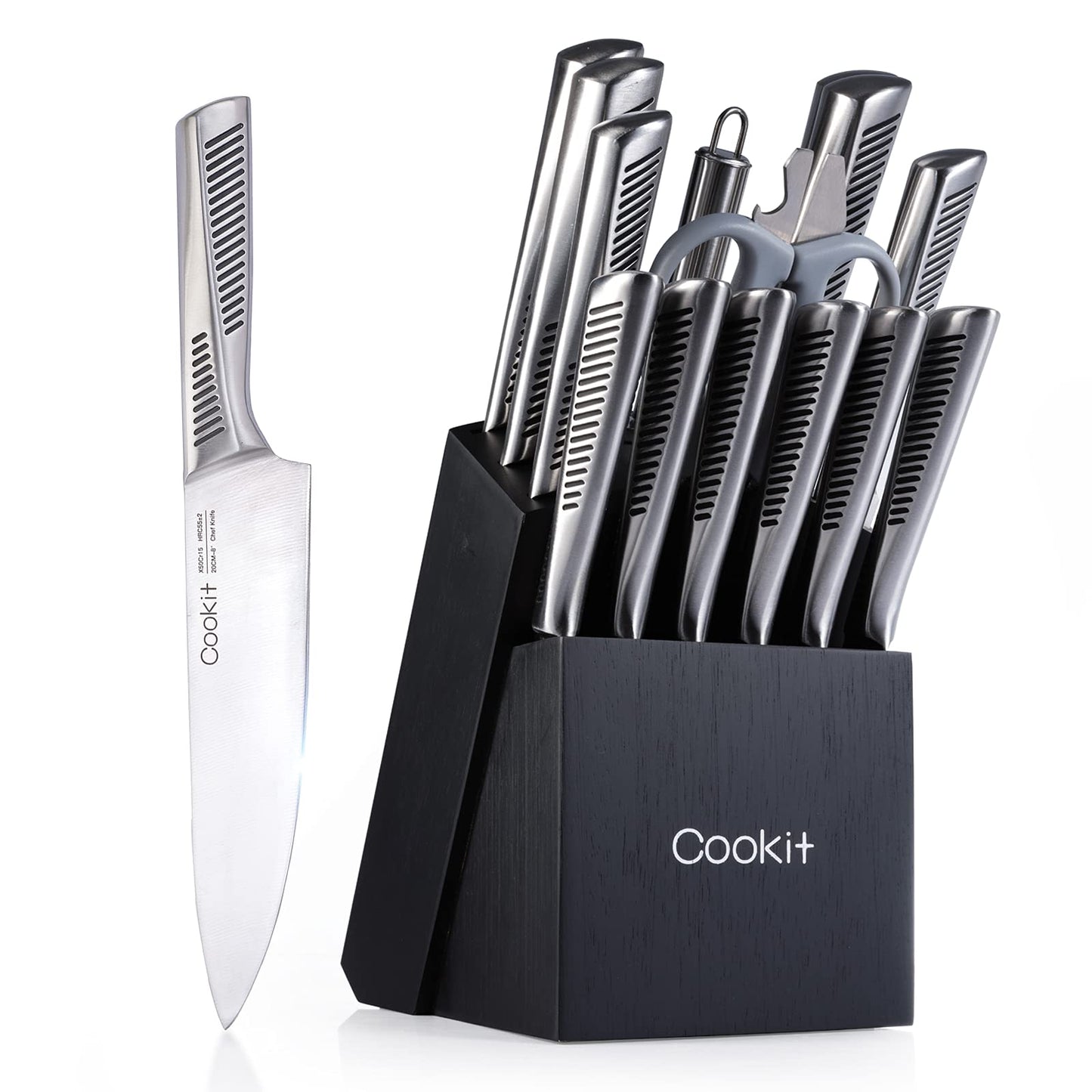 Kitchen Knife Set, 15 Piece Knife Sets with Block, Chef Knives with Non - Slip German Stainless Steel Hollow Handle Cutlery Set with Multifunctional Scissors Knife Sharpener Amazon Platform Banned - Krosscanada