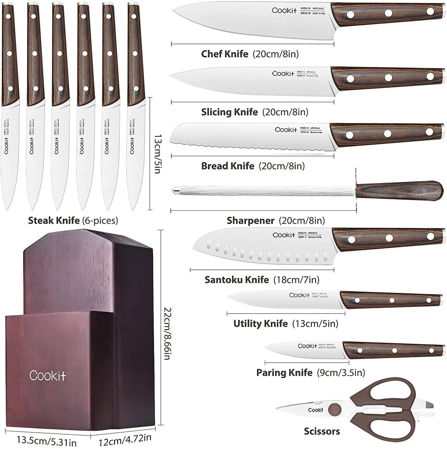 Kitchen Knife Sets, 15 Piece Knife Sets with Block for Kitchen Chef Knife Stainless Steel Knives Set Serrated Steak Knives with Manual Sharpener Knife Amazon Platform Banned - Krosscanada