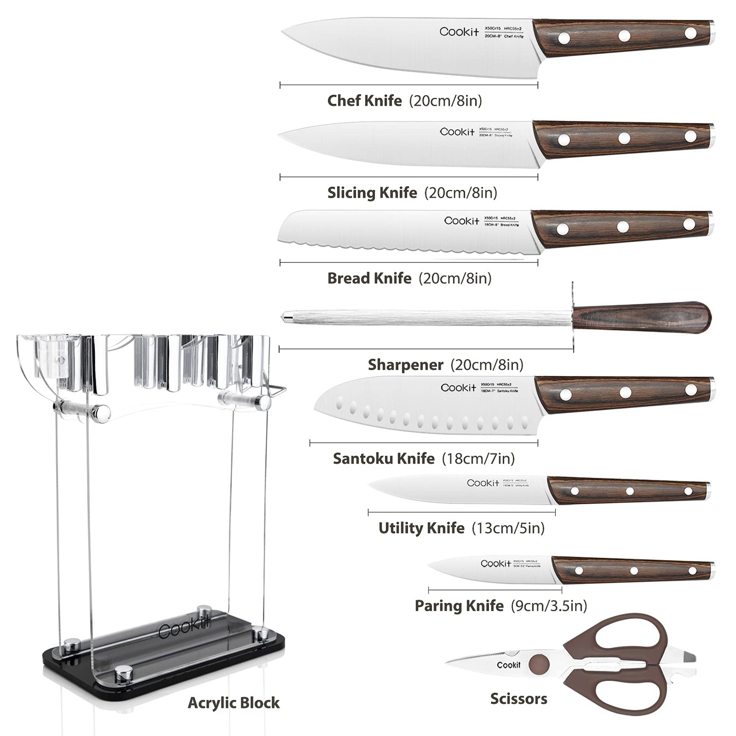 Knife Block with Knife, 9 - Piece Kitchen Knife Set Sharp with Acrylic Block Holder, Wooden Handle with Manual Sharpener, Peeling Scissors - Best Cutlery Set Gift Amazon Platform Banned - Krosscanada