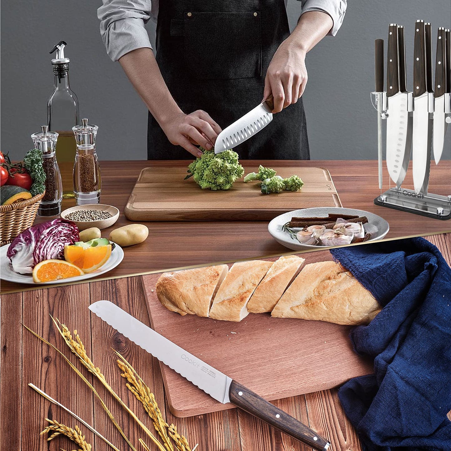 Knife Block with Knife, 9 - Piece Kitchen Knife Set Sharp with Acrylic Block Holder, Wooden Handle with Manual Sharpener, Peeling Scissors - Best Cutlery Set Gift Amazon Platform Banned - Krosscanada