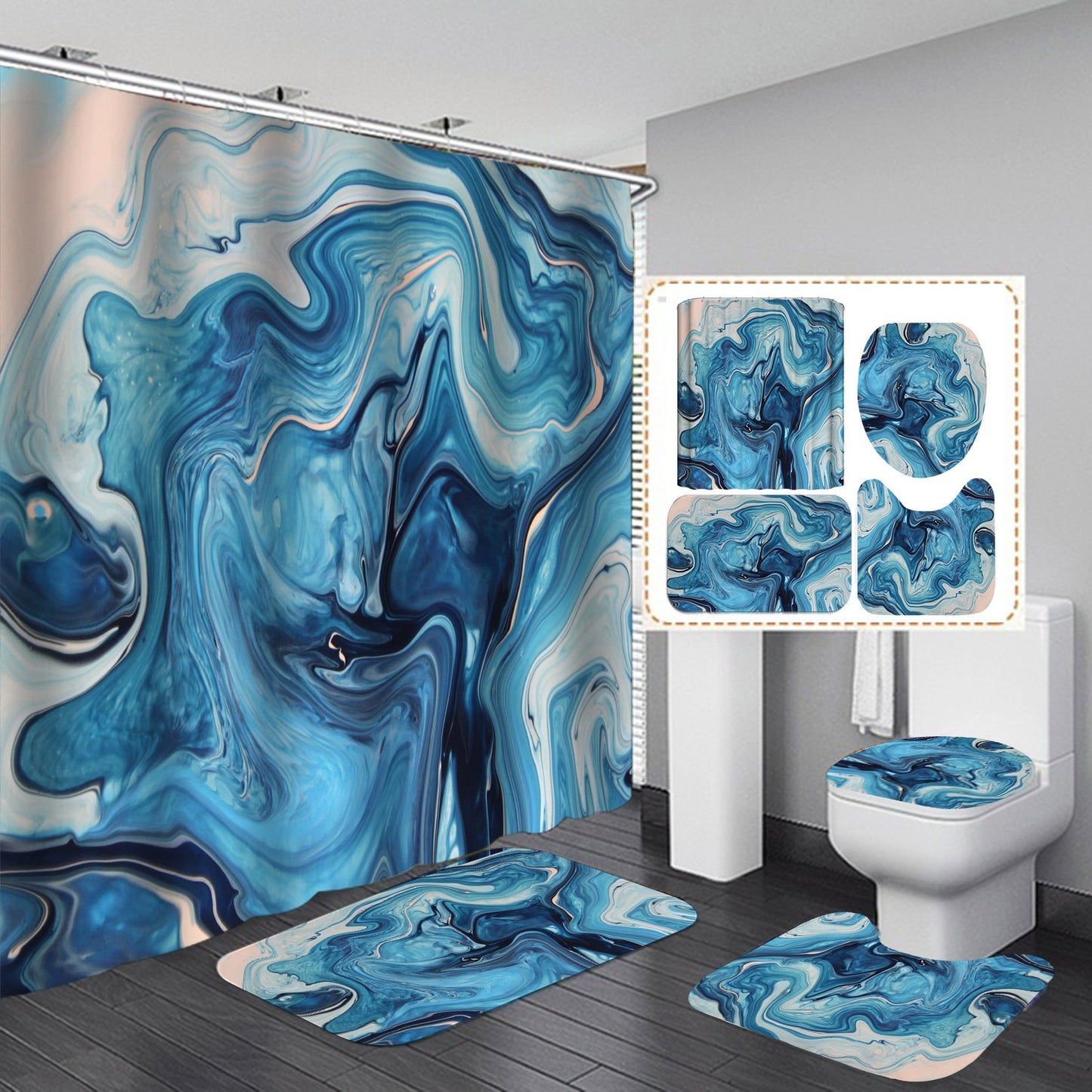 Marble White Shower Curtain Set With Non Slip Rug Bath Mat Carpet Modern Bathroom - Krosscanada