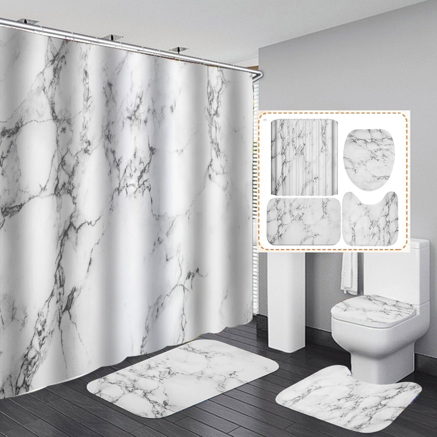 Marble White Shower Curtain Set With Non Slip Rug Bath Mat Carpet Modern Bathroom - Krosscanada