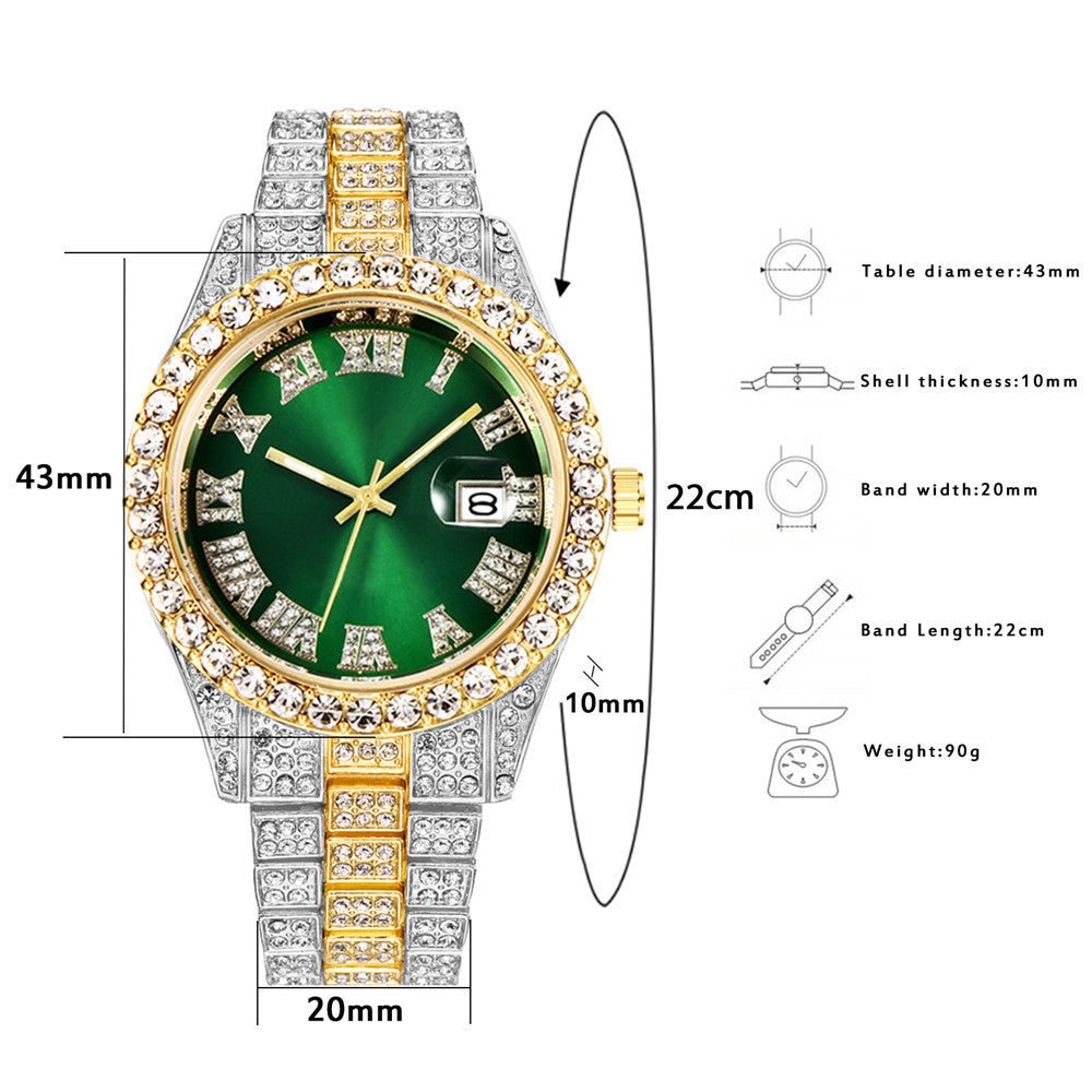 Men's Hip Hop Business Steel Band Calendar Full Drill Watch - Krosscanada