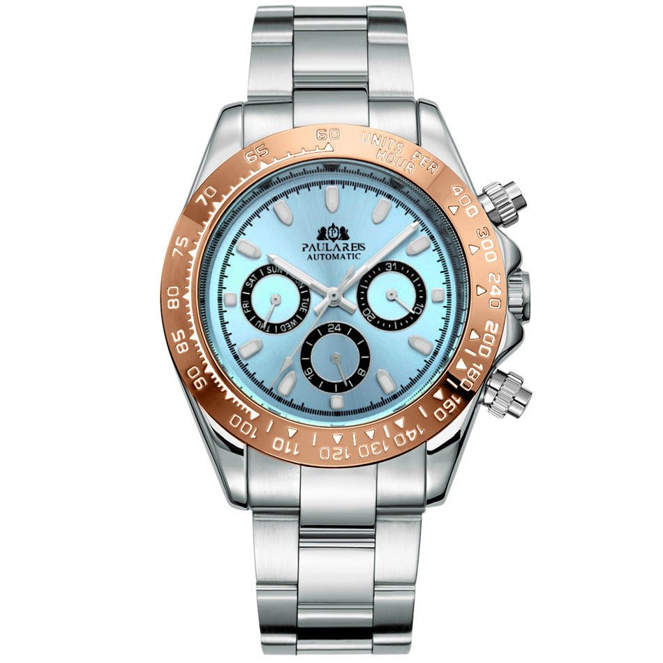 PAULAREIS Automatic Mechanical Multi - Function Strong Luminous Ice Blue Steel Belt Men's Watch - Krosscanada