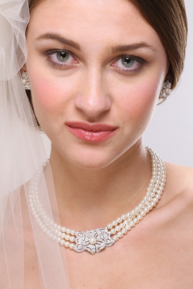 Pearl Rhinestone Necklace Earrings Jewelry Set - Krosscanada