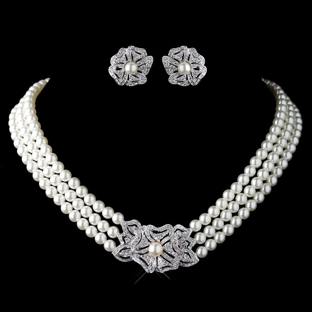 Pearl Rhinestone Necklace Earrings Jewelry Set - Krosscanada
