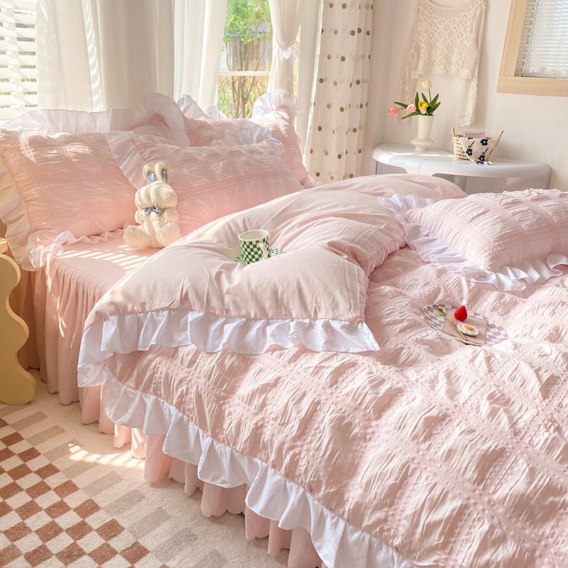 Solid Color Four - piece Quilt Cover Bed Skirt Bedding Set - Krosscanada