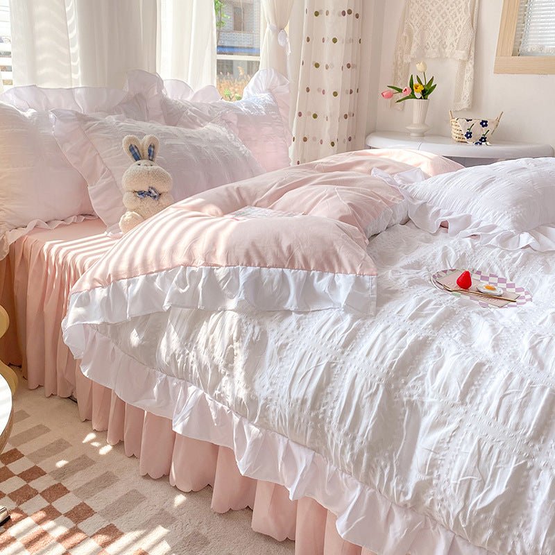 Solid Color Four - piece Quilt Cover Bed Skirt Bedding Set - Krosscanada