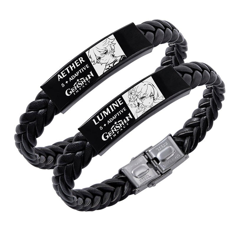 Vintage Genshin Impact Stainless Steel Bracelet Game Character Figure Charm Braided Leather Bracelets Bangles For Men Women - Krosscanada