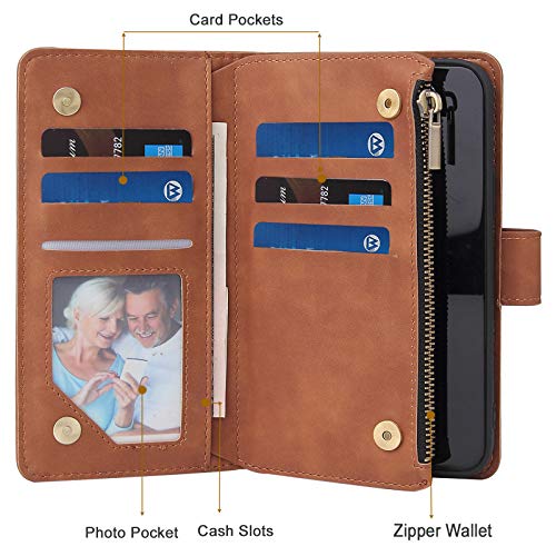 Wallet Case Compatible with iPhone 12/12 Pro (6.1 inch), Premium PU Leather Zipper Flip Folio Wallet with Wrist Strap Magnetic Closure Built - in Kickstand Protective Case - Black - Krosscanada