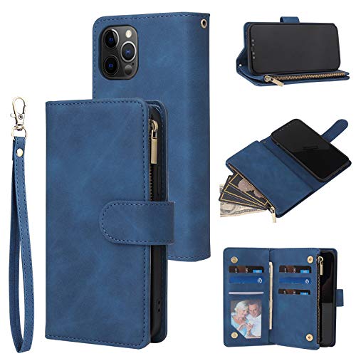 Wallet Case Compatible with iPhone 12/12 Pro (6.1 inch), Premium PU Leather Zipper Flip Folio Wallet with Wrist Strap Magnetic Closure Built - in Kickstand Protective Case - Black - Krosscanada